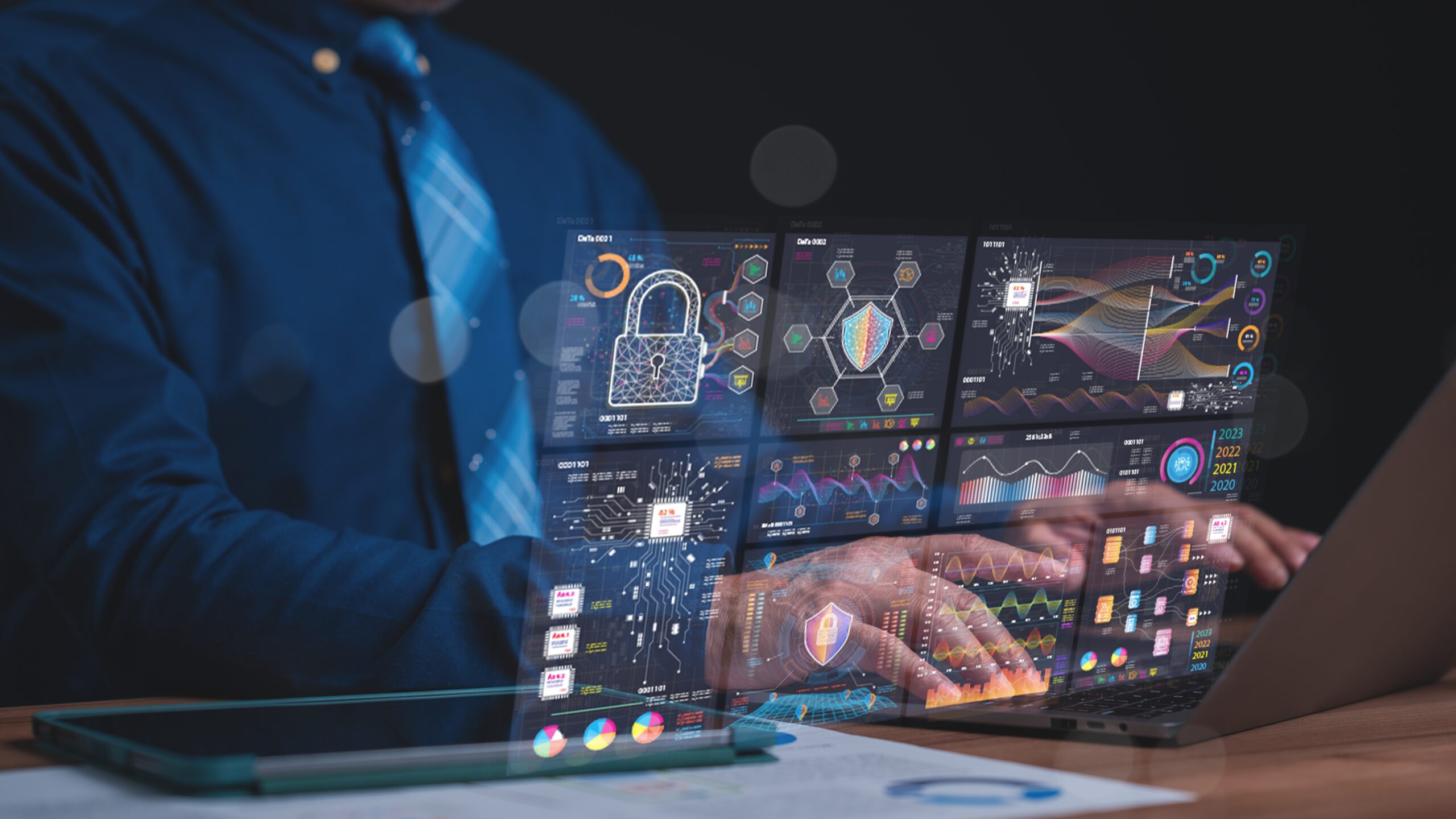 Professional,Interacts,With,Sophisticated,Digital,Interface,,Data,Analytics,And,Cybersecurity